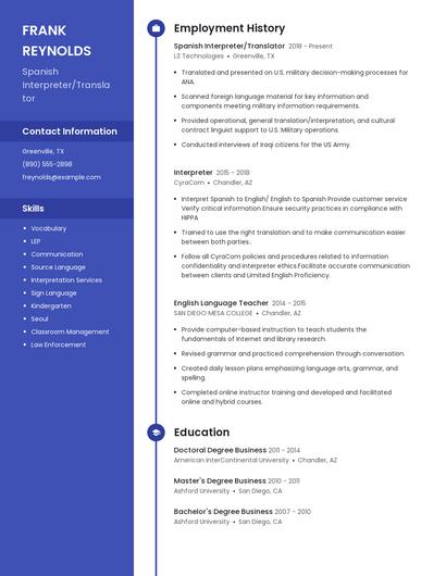 Spanish Interpreter/Translator Resume