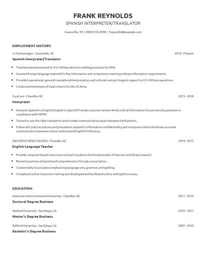 Spanish Interpreter/Translator Resume