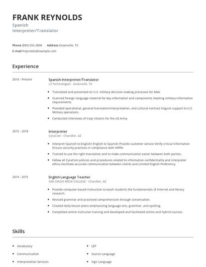 Spanish Interpreter/Translator Resume