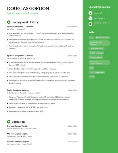 Spanish Interpreter/Translator Resume