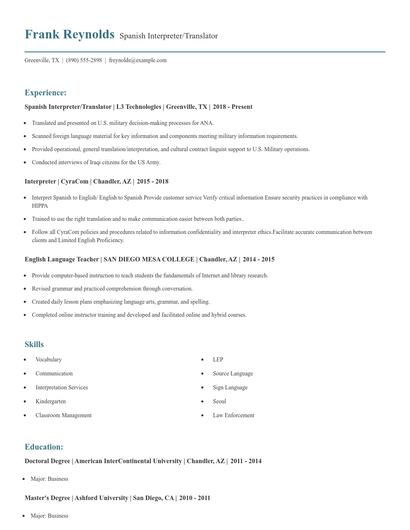Spanish Interpreter/Translator Resume