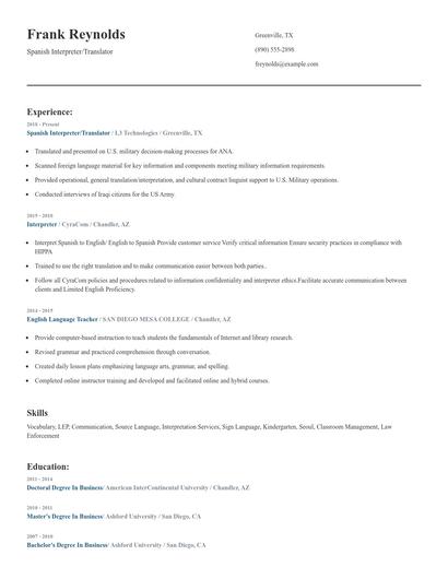 Spanish Interpreter/Translator Resume