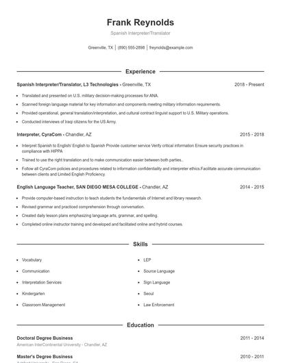 Spanish Interpreter/Translator Resume