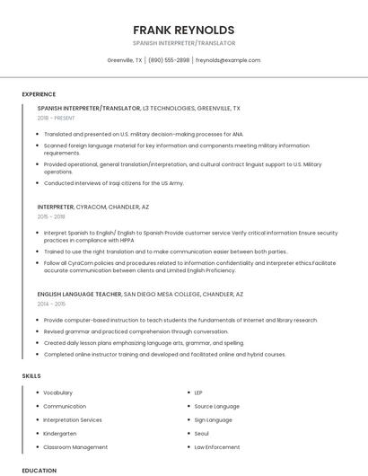 Spanish Interpreter/Translator Resume