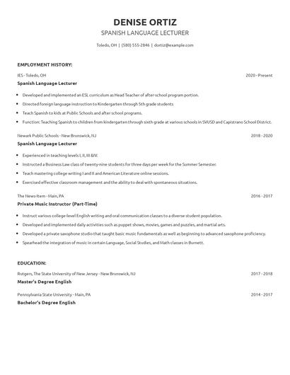 Spanish Language Lecturer Resume