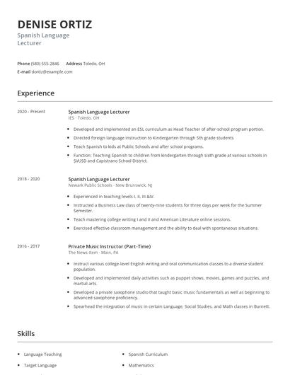 Spanish Language Lecturer Resume