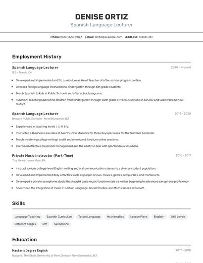 Spanish Language Lecturer Resume