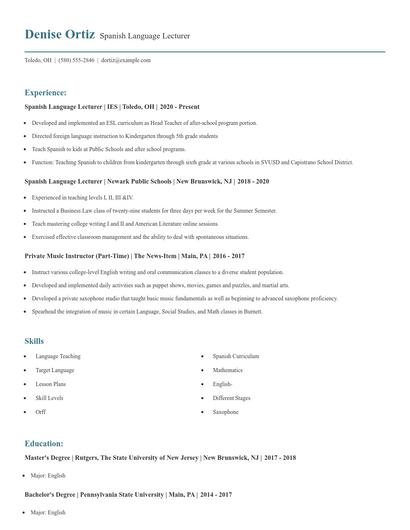 Spanish Language Lecturer Resume