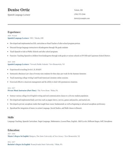 Spanish Language Lecturer Resume