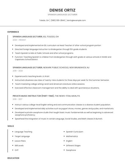 Spanish Language Lecturer Resume