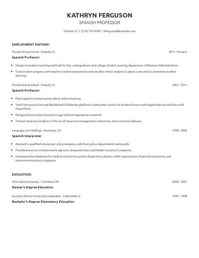 Spanish Professor Resume