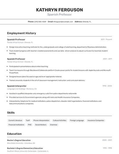Spanish Professor Resume