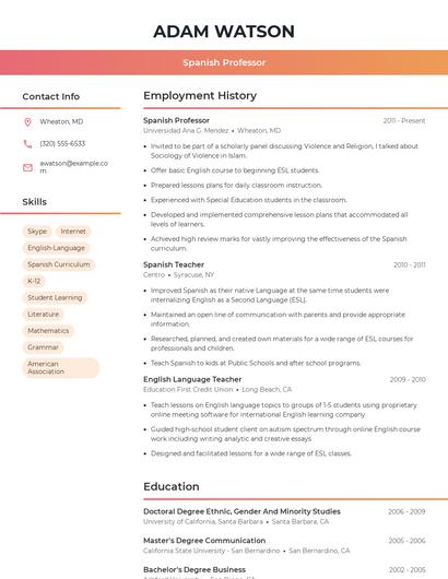 Spanish Professor Resume