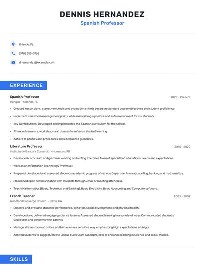 Spanish Professor Resume