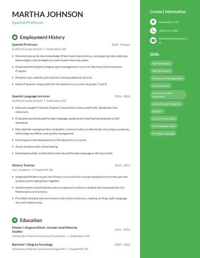 Spanish Professor Resume