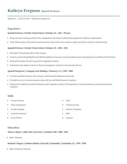 Spanish Professor Resume