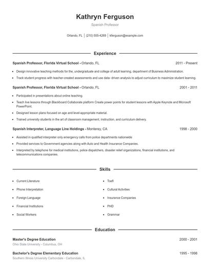 Spanish Professor Resume