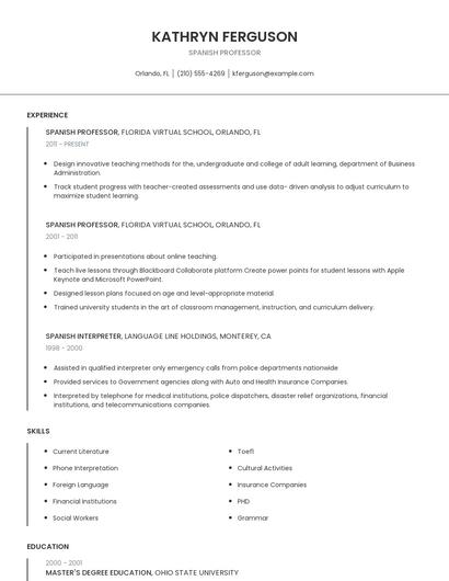 Spanish Professor Resume