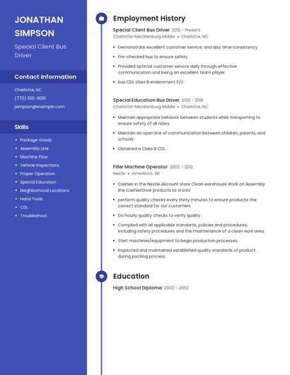 Special Client Bus Driver Resume