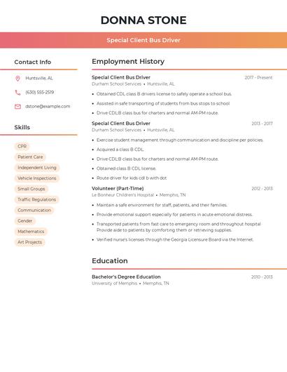 Special Client Bus Driver Resume