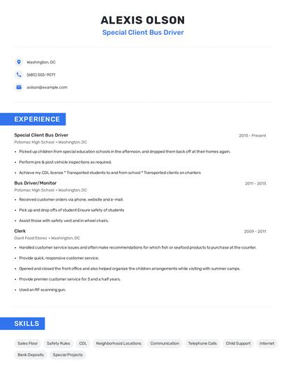 Special Client Bus Driver Resume