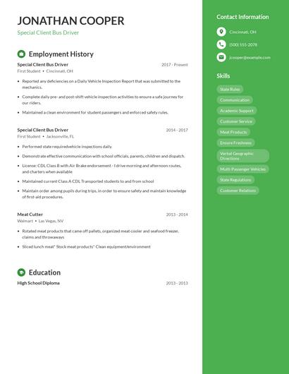 Special Client Bus Driver Resume