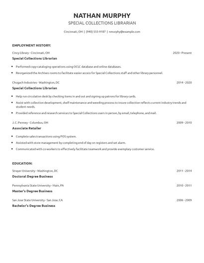 Special Collections Librarian Resume