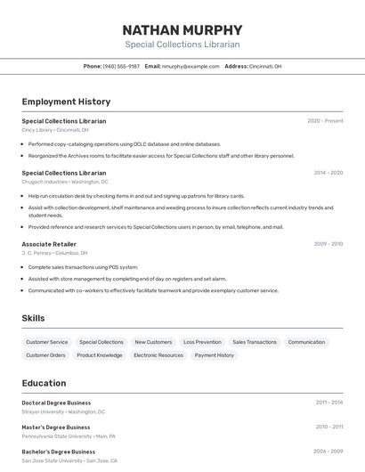 Special Collections Librarian Resume