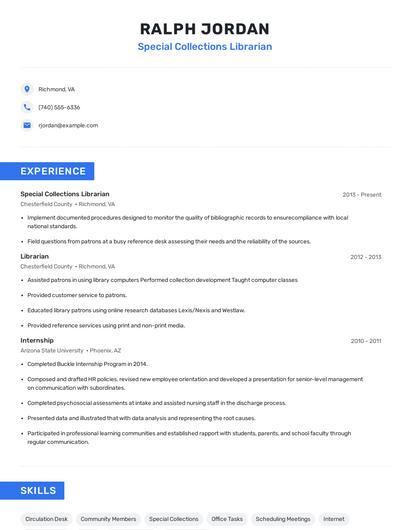 Special Collections Librarian Resume