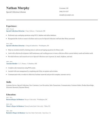 Special Collections Librarian Resume