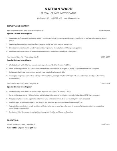 Special Crimes Investigator Resume