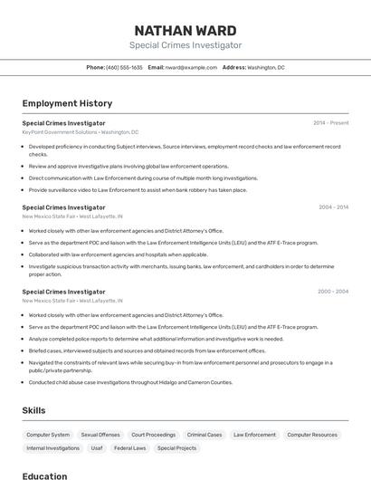 Special Crimes Investigator Resume