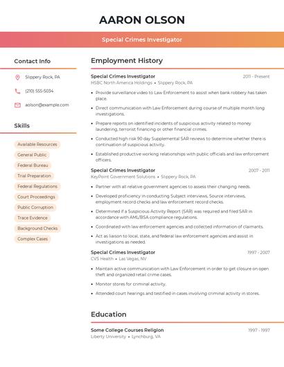 Special Crimes Investigator Resume