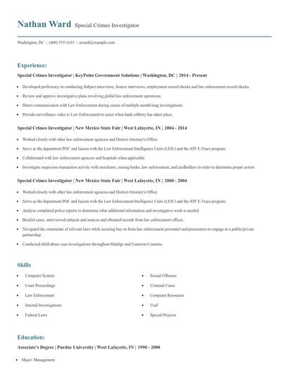 Special Crimes Investigator Resume