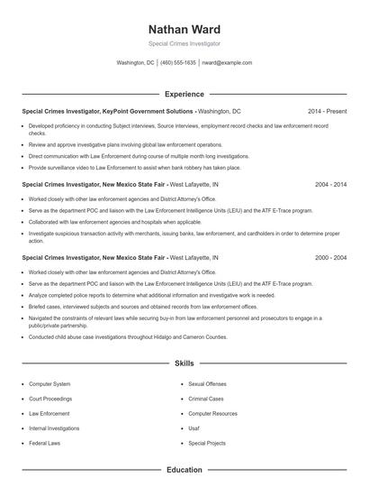Special Crimes Investigator Resume