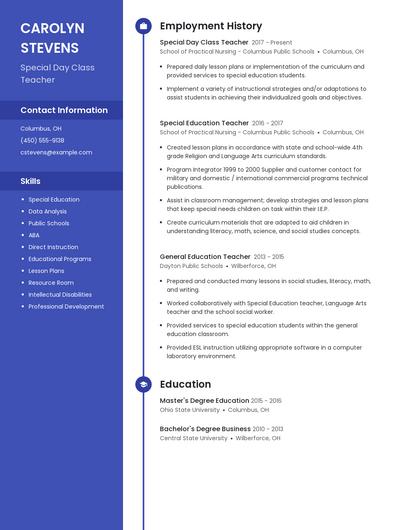 Special Day Class Teacher Resume