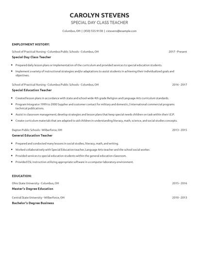 Special Day Class Teacher Resume
