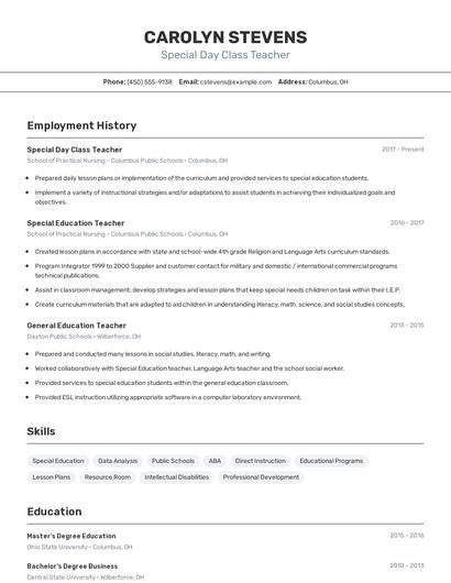 Special Day Class Teacher Resume