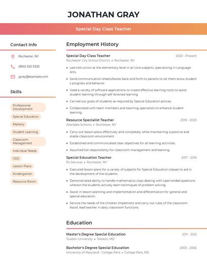 Special Day Class Teacher Resume