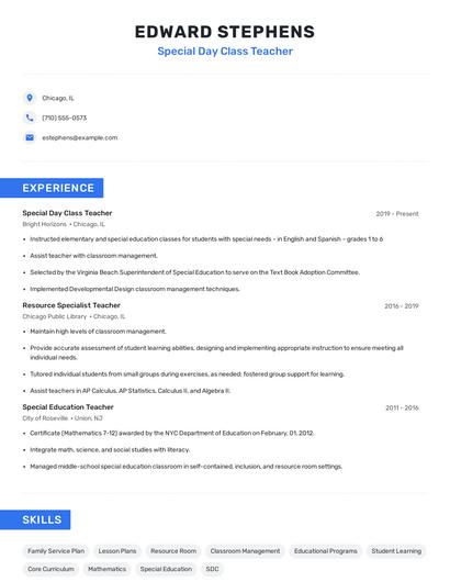 Special Day Class Teacher Resume