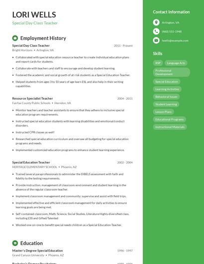 Special Day Class Teacher Resume