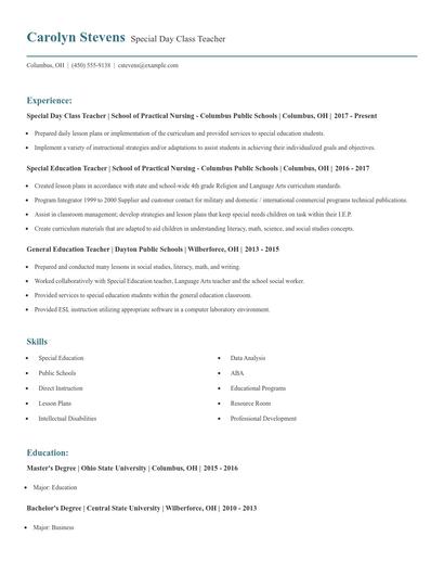 Special Day Class Teacher Resume