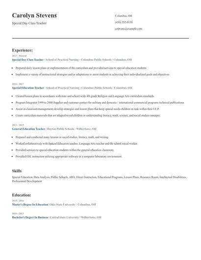 Special Day Class Teacher Resume