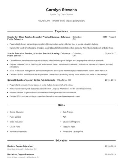Special Day Class Teacher Resume