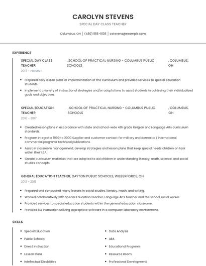 Special Day Class Teacher Resume