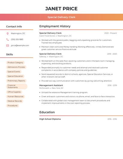 Special Delivery Clerk Resume