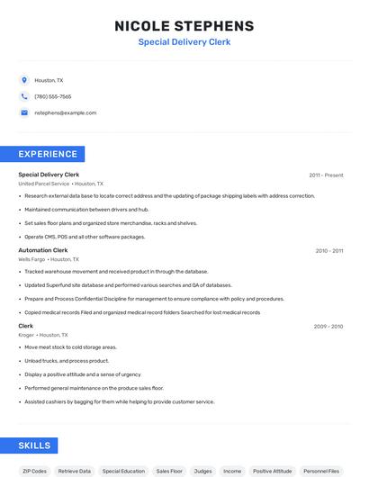 Special Delivery Clerk Resume