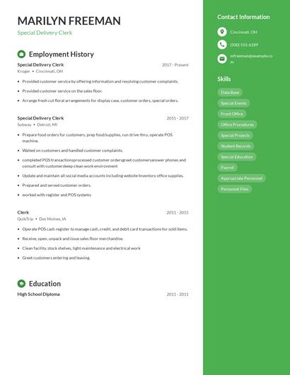 Special Delivery Clerk Resume