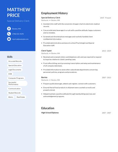 Special Delivery Clerk Resume