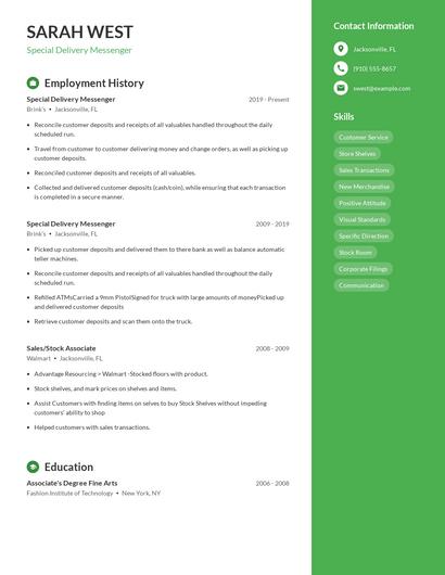 Special Delivery Messenger Resume